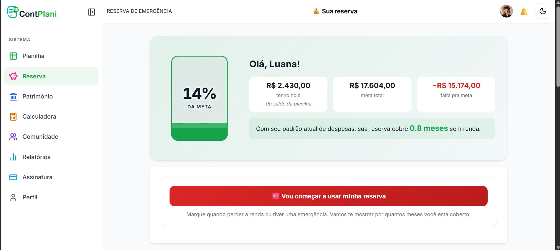 Painel da reserva de emergência com farol e meses cobertos